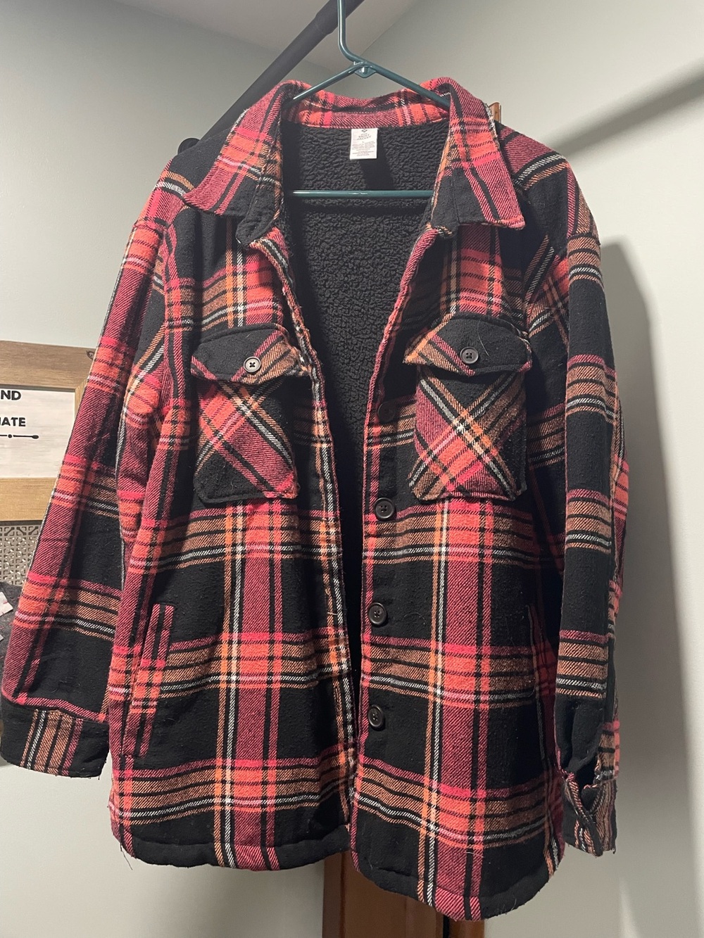 Pink/orange and Black Plaid faux Sherpa-Lined Jacket